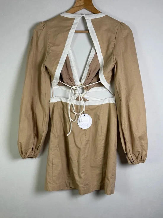 Petal + Pup Women’s Linen Blend Cutout Dress Beige White Tie Back Coastal Sz XS - Picture 8 of 13